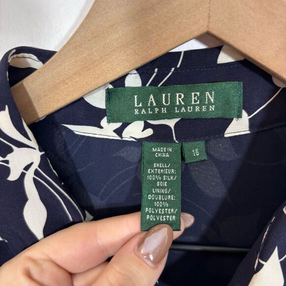 Lauren Ralph Lauren Silk Navy Floral Ruffle Short Sleeve Midi Dress Size 16 - Picture 4 of 12